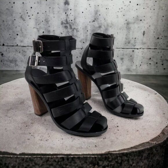 Vince Sandals Caged Strappy Nicolette Womens 8M 38 Black Leather Block High Heel - Picture 16 of 16